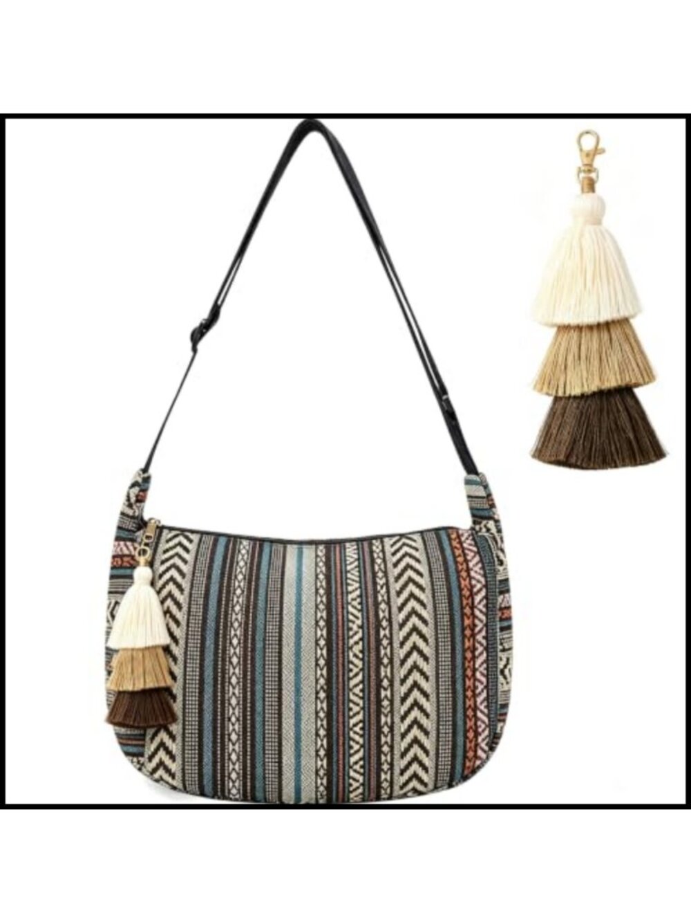 Hippie Boho Hobo Bag Woven Canvas Adjustable Strap Crossbody Purse with Tassel